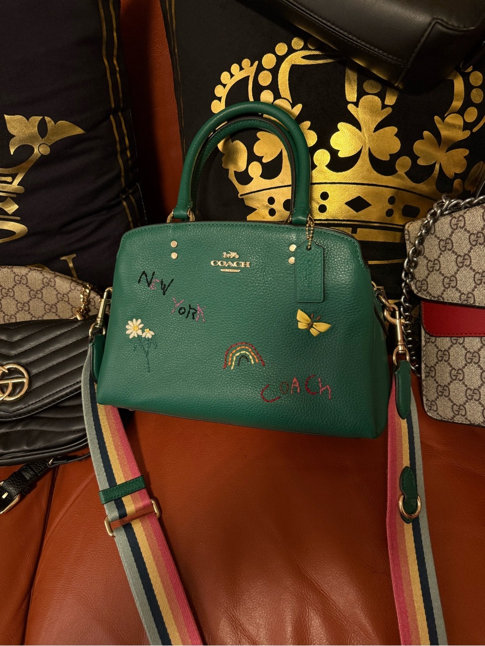 COACH Green Leather Satchel with Rainbow Striped Strap - Picture 11 of 11